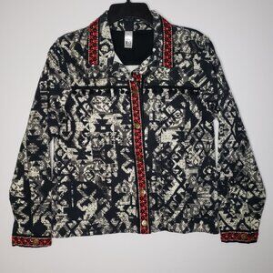 NWOT Thomas & Olivia Black Denim Jacket Abstract Rhinestones Beads Pompoms Sz S